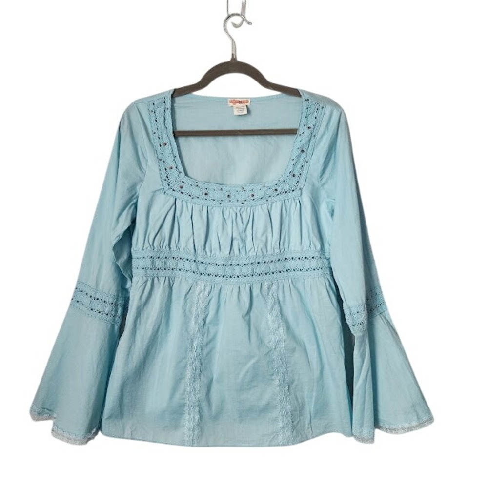 SUGAR TART Y2K Babydoll crochet top Bell Sleeve Cotton Boho in baby blue M